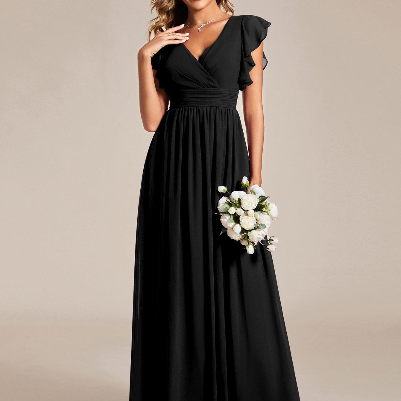 ever LILYANA|Robe demoiselle d'honneur en mousseline manches plissées avec découpe au dos