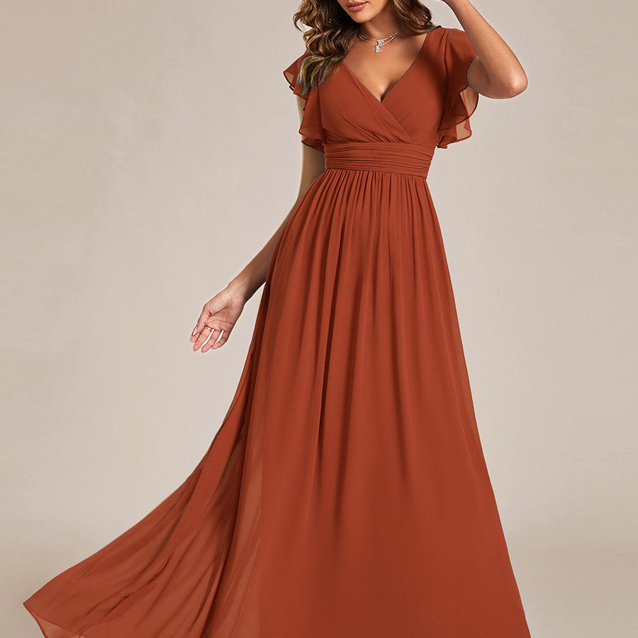 ever LILYANA|Robe demoiselle d'honneur en mousseline manches plissées avec découpe au dos