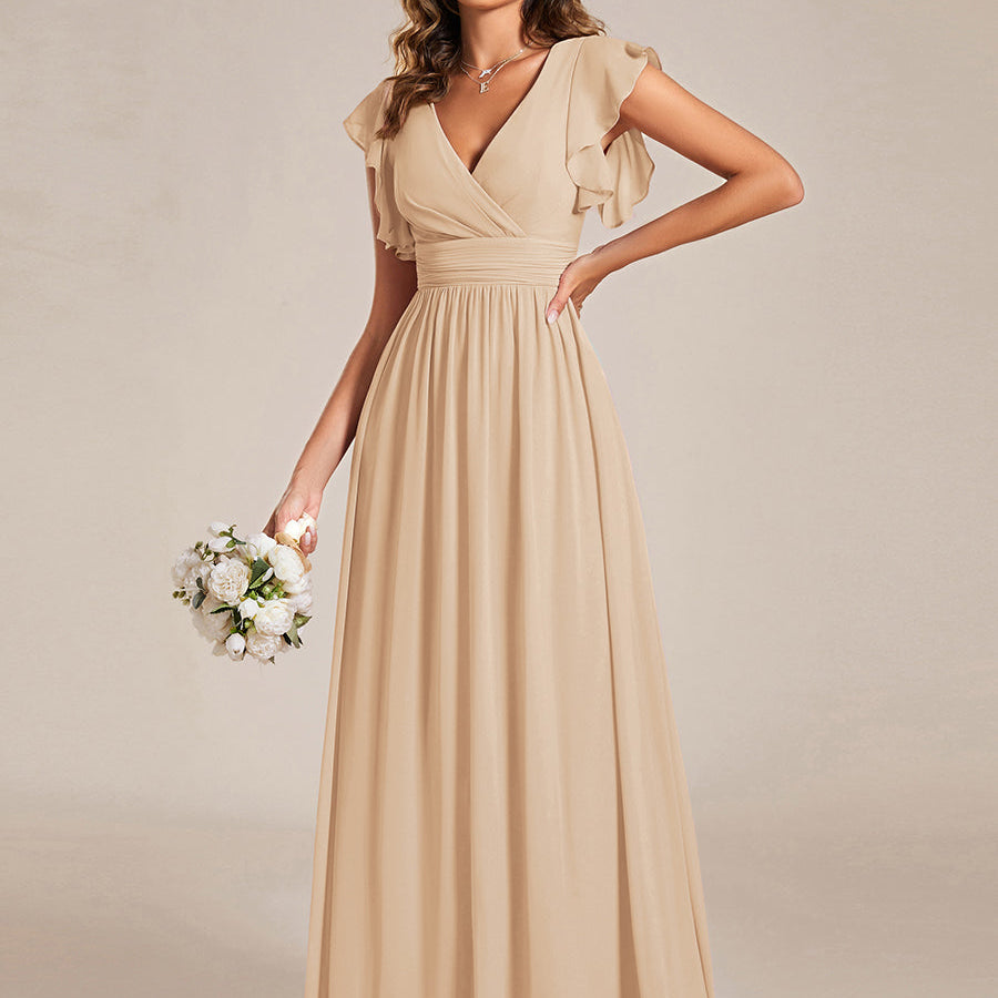ever LILYANA|Robe demoiselle d'honneur en mousseline manches plissées avec découpe au dos