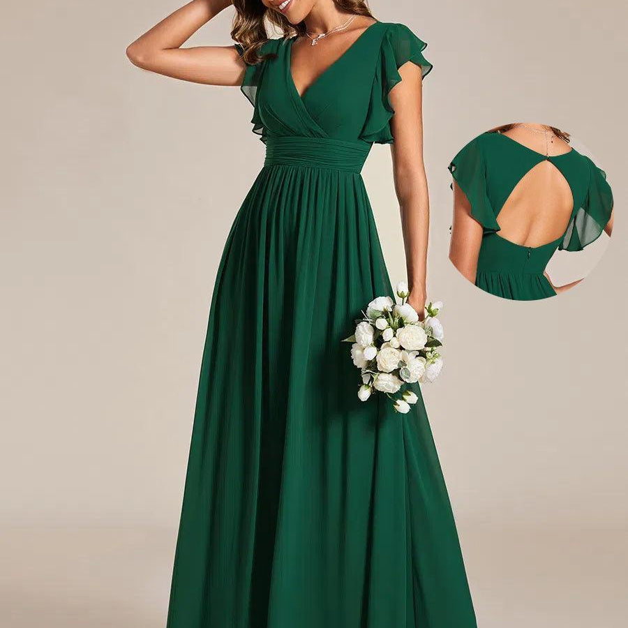ever LILYANA|Robe demoiselle d'honneur en mousseline manches plissées avec découpe au dos