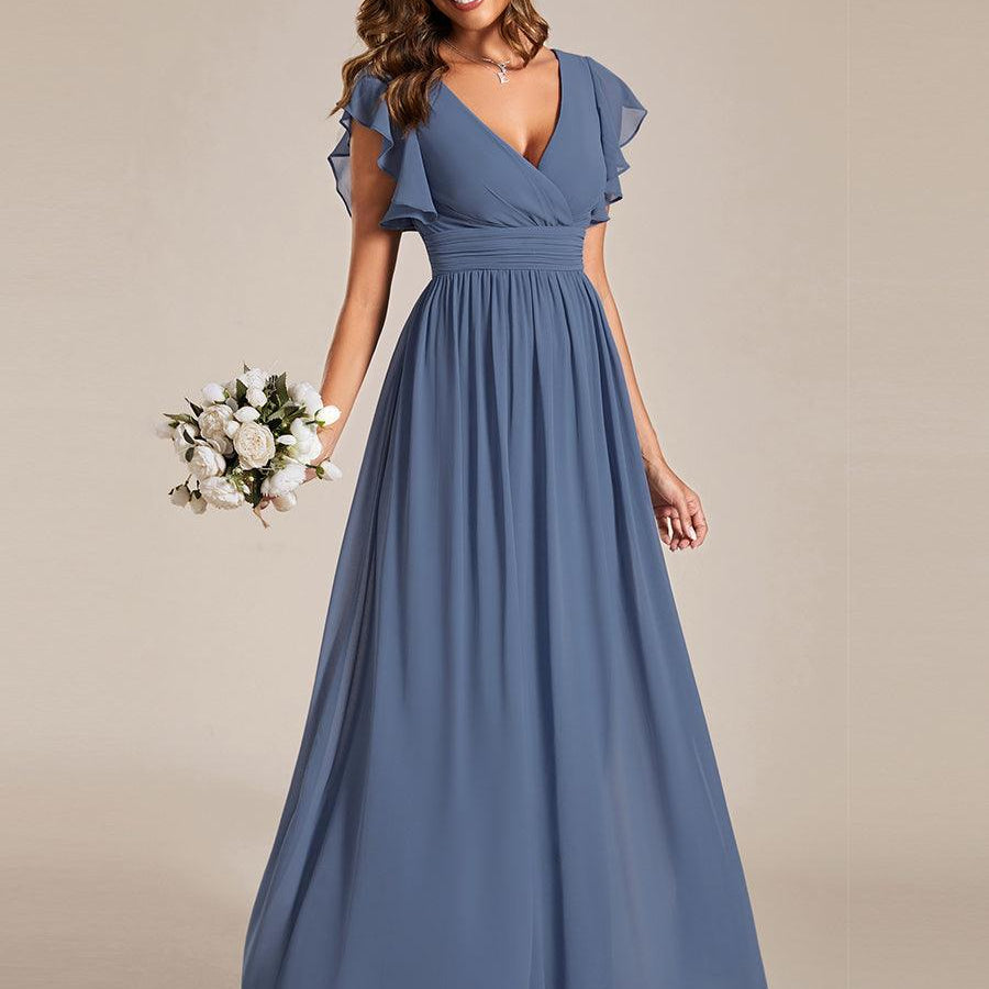 ever LILYANA|Robe demoiselle d'honneur en mousseline manches plissées avec découpe au dos