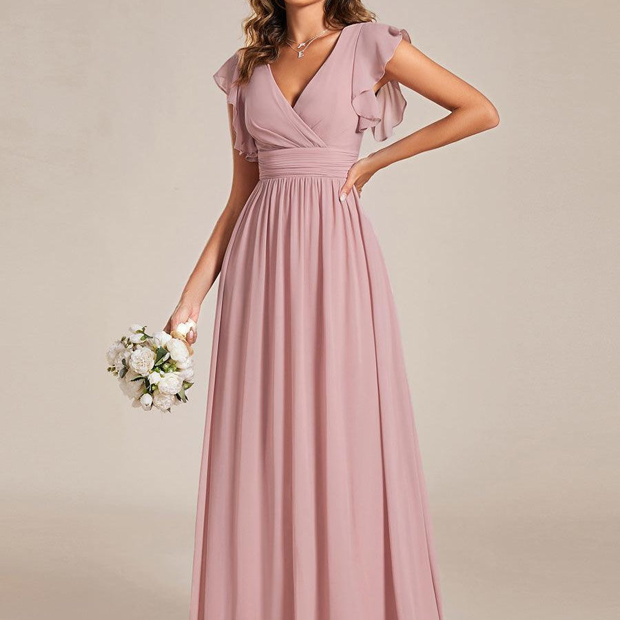 ever LILYANA|Robe demoiselle d'honneur en mousseline manches plissées avec découpe au dos