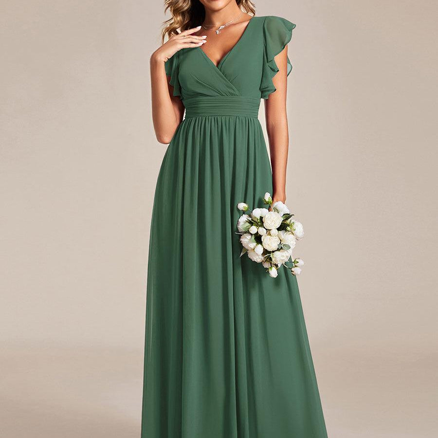 ever LILYANA|Robe demoiselle d'honneur en mousseline manches plissées avec découpe au dos