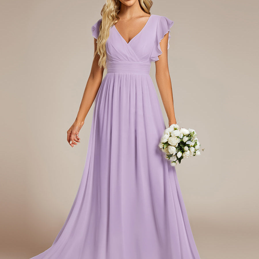 ever LILYANA|Robe demoiselle d'honneur en mousseline manches plissées avec découpe au dos