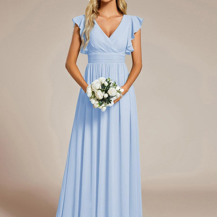 ever LILYANA|Robe demoiselle d'honneur en mousseline manches plissées avec découpe au dos