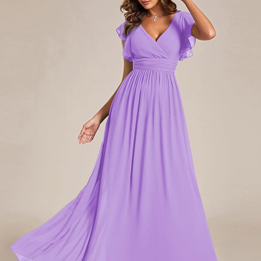 ever LILYANA|Robe demoiselle d'honneur en mousseline manches plissées avec découpe au dos