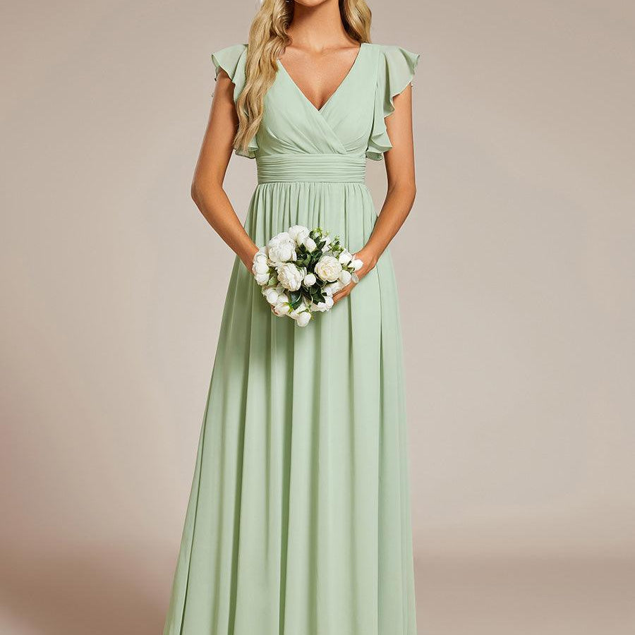 ever LILYANA|Robe demoiselle d'honneur en mousseline manches plissées avec découpe au dos