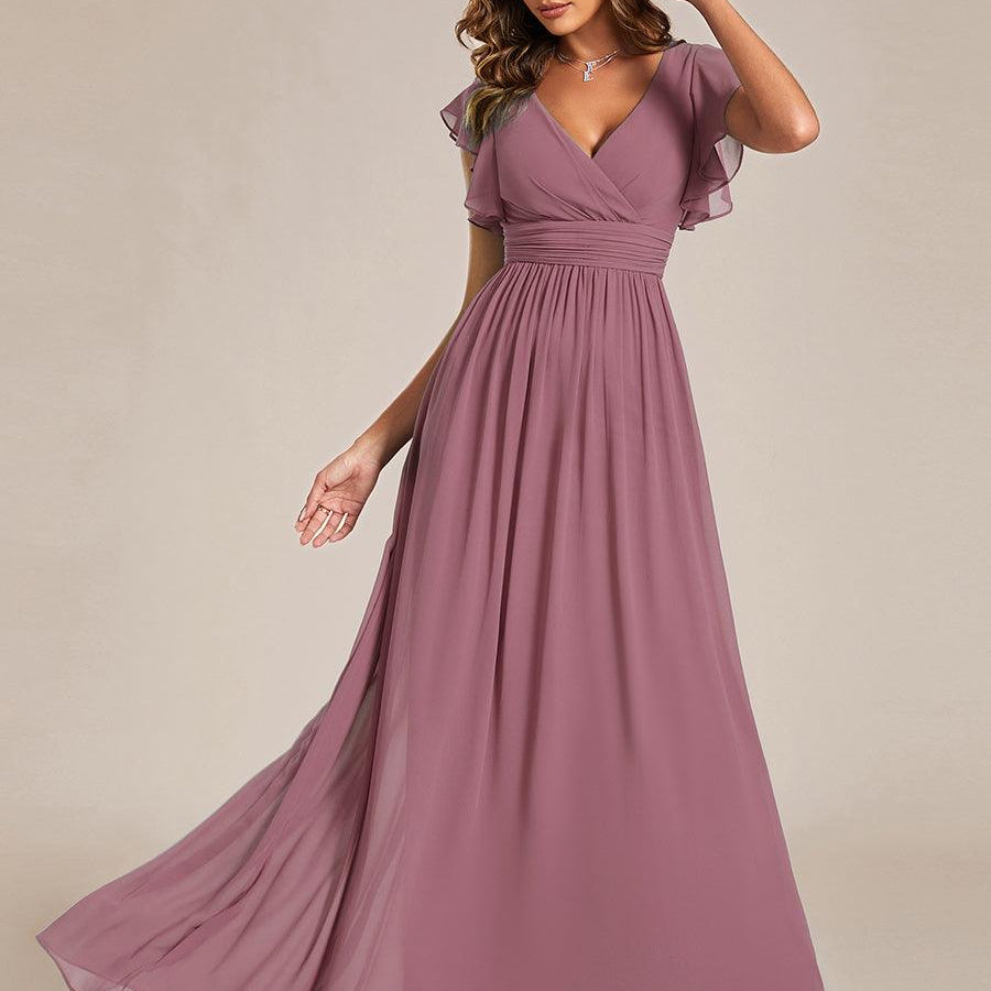 ever LILYANA|Robe demoiselle d'honneur en mousseline manches plissées avec découpe au dos