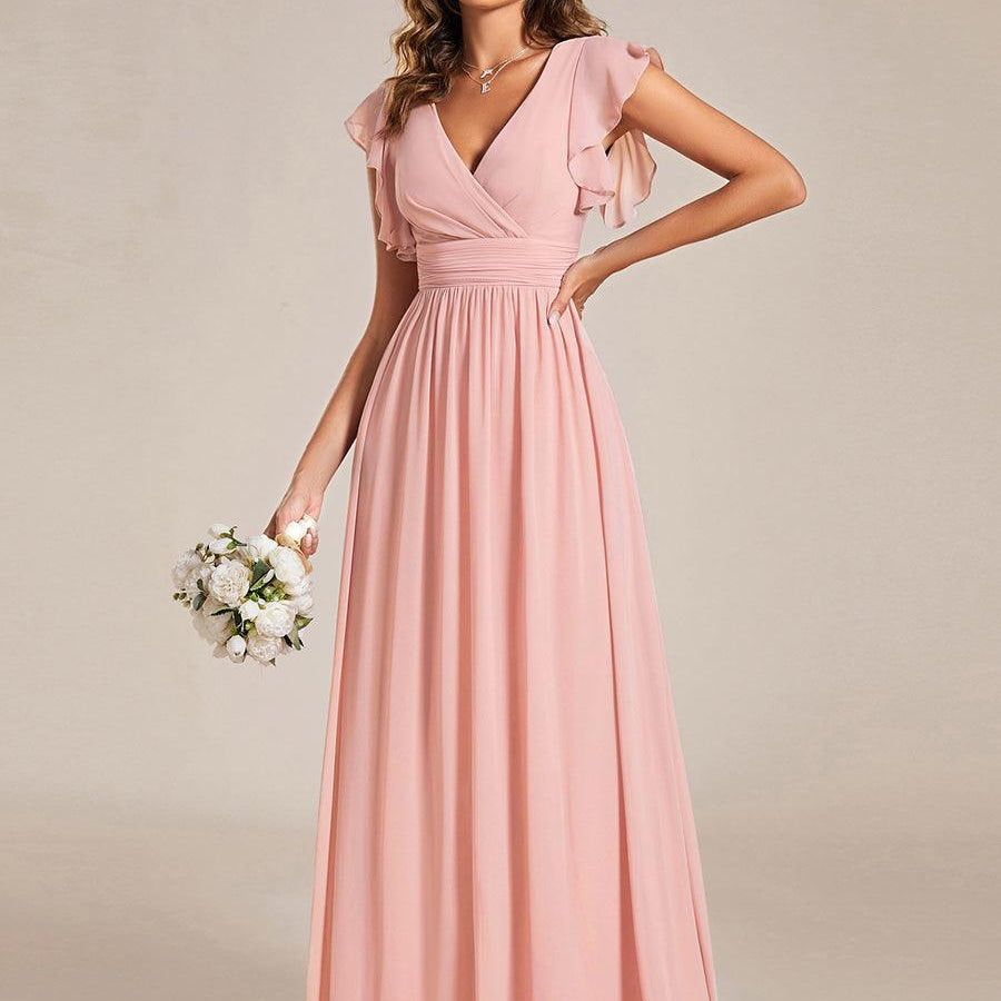 ever LILYANA|Robe demoiselle d'honneur en mousseline manches plissées avec découpe au dos