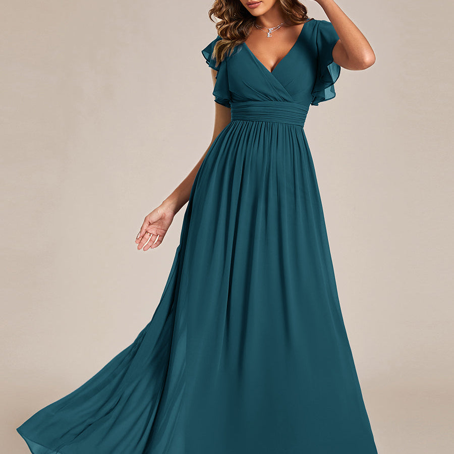 ever LILYANA|Robe demoiselle d'honneur en mousseline manches plissées avec découpe au dos
