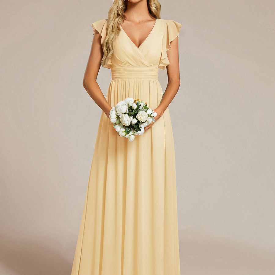 ever LILYANA|Robe demoiselle d'honneur en mousseline manches plissées avec découpe au dos