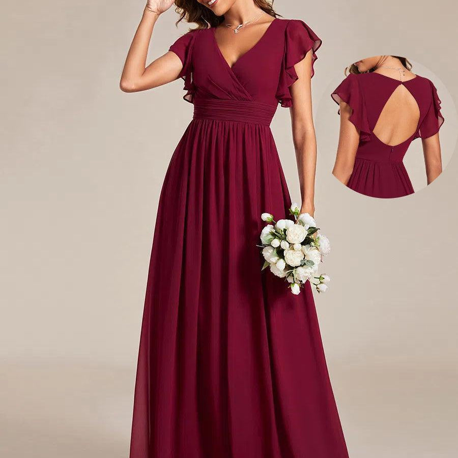ever LILYANA|Robe demoiselle d'honneur en mousseline manches plissées avec découpe au dos