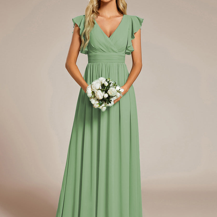 ever LILYANA|Robe demoiselle d'honneur en mousseline manches plissées avec découpe au dos